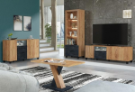 Furneo Enzo 2/4/6/8 - Wohnzimmer-Set mit TV-St&auml;nder, Vitrine, Sideboard & Couchtisch, Eiche und schwarzer Beton-Effekt, wei&szlig;e LED-Leuchten