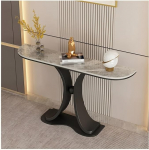 Leichter, luxuri&ouml;ser Konsolentisch im Landhausstil - mehrschichtig lackierter schwarzer Metallrahmen mit Steinplattenplatte, stilvoller Eingangsbereich, Wohnzimmer, Schlafzimmer, Foyer, Sofa