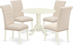 The 5 Piece Dining Room Furniture Set includes a small round dinette table with falling leaves and four Parson chairs with light beige fabric, white finish