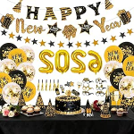 Silvester Deko 2026 Schwarz Gold - Zahlen Ballons 2026, Banner, Tischdecke, Tortendeko Neujahr, Party Blower, Luftballons, Happy New Year Partyh&uuml;te&Brille
