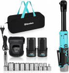 DURATECH Electric Ratchet Wrench Set, Extended Battery Ratchet Screwdriver 12 V, 3/8 Inch, 60 Nm, Wireless Ratchet with 2 x 2.0 Ah Battery, LED Light, Includes 10 Sockets, Storage Bag, Charger