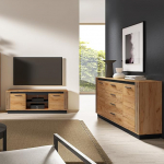 URBANIA-166 Elutoa m&ouml;&ouml;blikomplekt 2-osaline kapp K&uuml;ljepaneel Lowboard TV-kapp Modernne tammepuust mustaga