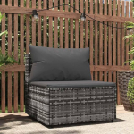 Garten-Mittelsofa mit Kissen Grau aus PE-Rattan, Outdoor-Sofa mit Polsterkissen f&uuml;r die Terrasse, Gartenm&ouml;bel aus Poly Rattan mit Stahlrahmen