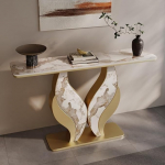 Konsolentisch mit Halbmond-Akzent und verdickter Arbeitsplatte sowie Stauraum, Halbmond-Marmor-Hallway-Tisch f&uuml;r Flur, Wohnzimmer und Schlafzimmer(Gold A,150x30x80cm)