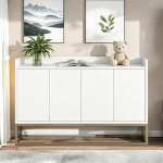 Sideboard, valge, 120 cm lai, k&ouml;&ouml;gikapp koos t&ouml;&ouml;tasapinnaga, 4 uksega buffetkapp, k&ouml;&ouml;gibuffet reguleeritavate riiulitega s&ouml;&ouml;gituppa, elutuppa, k&ouml;&ouml;ki, 120 x 30 x 80 cm.