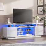 LUXOAK TV-kapp LED-valgustusega, kuni 75-tollise teleri jaoks, k&otilde;rgl&auml;ikega TV-plaat suure hoiuruumiga, 2 uksega ja klaasist riiuliga, telerialus elutuppa, magamistuppa, valge v&auml;rviga
