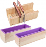 Wooden Soap Loaf Mould and Soap Cutter Set - 2 Pieces Rectangle Silicone Mould of Different Sizes with Wooden Box and 1 Piece Stainless Steel Straight Cutter and 1 Piece Wave Cutter