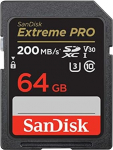 SanDisk Extreme PRO SDXC UHS-I 64 GB memory card (V30, 200 MB/s transfer speed, U3, 4K UHD video, SanDisk QuickFlow technology, temperature-resistant).