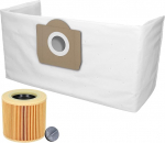 McFilter I 10 vildist tolmuimeja kotti + 1 filtrikassett &uuml;hilduv K&auml;rcheriga, alternatiiv 6.959-130.0 + 6.414-552.0 KFI 3310 WD3 Premium, MV3, A2604, A2204, A2254, multifunktsionaalne tolmuimeja.