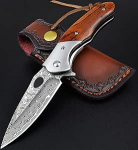 KOMWERO Damaskuse taskunuga kokkupandav nuga koos Damascus terasest tera, puidust k&auml;epidemega, flipper, nahast noa &uuml;mbris - Damascus nuga &uuml;he k&auml;ega nuga Outdoor Survival kollektsiooni kingituseks