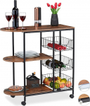 Relaxdays Serving Trolley, Kitchen Trolley with 3 Shelves and 3 Baskets, Industrial, Metal & MDF, H x W x D: 84 x 83 x 37 cm, Black/Brown, Pack of 1
