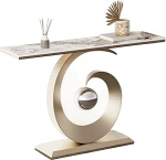 Generisch Schmaler Goldener Konsolentisch mit dickem Metallfu&szlig; - Beistelltisch mit glatten Kanten f&uuml;r Wohnzimmer und Flur - Stilvoller Sofatisch (Beige, 120 x 30 x 80 cm)