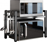 PKOUVOO Expandable Microwave Shelf, Microwave Shelf, Extendable, Standing Microwave Shelf for Kitchen Organiser, Microwave Stand, Kitchen Shelf, Worktop, Baker's Rack with 4 Hooks (Black)