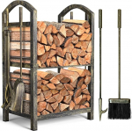 Amagabeli k&uuml;ttepuude riiul, K&uuml;ttepuude riiul 4 kaminat&ouml;&ouml;riistaga, 74 x 40 x 30 cm, k&uuml;ttepuude statiiv sise- ja v&auml;litingimustes kasutamiseks, puidust riiul kaminale, pliidile, s&ouml;&ouml;giriistale, sepistatud pronksist