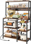 SUPERJARE Baker's Rack with Socket, 90 cm Coffee Bar with Wire Basket, Kitchen Microwave Stand with 6 S-shaped Hooks, Open Storage Shelves, Kitchen Shelf Organiser Rack - Rustic Brown