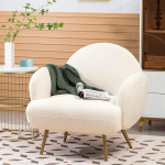Tugitooli, kaasaegne lamamistool, &uuml;hekohaline lamamisdiivan, hubane Teddy kangas, kuldsed metalljalad, sobib elutuppa, magamistuppa, valge, k&auml;etugi