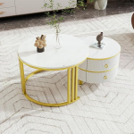 Moimhear 2-in-1 &uuml;mmargune MDF kohvilaud, k&uuml;ljelaud l&auml;ikiva ja 1 valge marmorplaadiga, elutoa kohvilaud-kombinatsioon 2 sahtliga, 70 x 70 x 46 + 50 x 50 x 40 cm (kuldne ja valge)