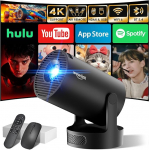 Miniprojektor toetab 4K 1080P, kaasaskantav projektor WiFi 6 ja Bluetooth 5.4, v&auml;ike projektorauto keystone 180&deg; p&ouml;&ouml;ramine, &uuml;hildub HDMI / TV Stick / m&auml;lupulk / s&uuml;learvutiga, must