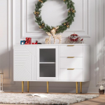 BTM Sideboard Chest of Drawers with 3 Drawers and 2 Doors with Metal Feet and Glass Doors White Dimensions: 120 x 38 x 79.5 cm