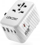 LENCENT rahvusvaheline reisimisadapter, 65W GaN3 universaalne adapter 2 USB A+3 Type C PD, &uuml;lemaailmne toiteadapter mobiiltelefonidele, s&uuml;learvutitele, k&otilde;ik &uuml;hes reisipistikuga ELi/USA/UK/AU pistikupesadele, valge