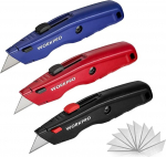 WORKPRO Premium Utility Knife, sisset&otilde;mmatav k&otilde;ik metallist raskeveokarbi l&otilde;ikur, kiirvahetus tera Razor Knife, 10 lisateraga, 3 komplektiga (must, punane, sinine)