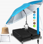 4smile SunnyJoy rannasirmide 3-komplekt - UPF 50+ r&otilde;duvarju 180 cm + p&auml;ikesevarju aluse t&auml;idetav + p&auml;ikesevarju kate - p&auml;ikesekaitse r&otilde;du, aia vihmavarju, sinine