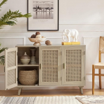 ULALA HOME 3 naturaalse rotangist ukse ja puidust jalgadega akendekapp, 2-tasandiline riiul, k&uuml;ljepaneel, buffetkapp, boho kapp, konsoollaud elutuppa, esikusse, s&ouml;&ouml;gituppa, esikusse, tammepuust kapp, tammespuu