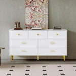 BTM valge k&uuml;ljepaneel, 7 sahtlit, kuldsed k&auml;epidemed, kuldsed jalad, siledad sahtlijuhikud, 140 x 35 x 76 cm, s&ouml;&ouml;gitoa k&uuml;ljepaneel, k&ouml;&ouml;gikapp, panipaigakapp, t&otilde;usvad sahtlid, kapp