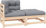 Massivholz Garten-Ecksofa grau Eckgarnitur aus Kiefernholz mit grauen Kissen modular kombinierbar 2-TLG. Set Gartenm&ouml;bel Ecksofa