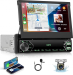 VECHTEL Autoradio 1 DIN juhtmega Carplay Android autoga, 7-tolline IPS autoraadio Bluetooth klapptoimelise puuteekraaniga, FM-raadio, peeglilink, USB, SWC, mikrofon, tagurduskaamera