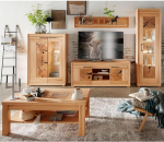 Home Furniture Set Living Wall Unit Solid Beech Heartwood Oiled Mounted 5-Piece Modern Highboard Wall Shelf Lowboard Display Cabinet Coffee Table