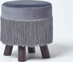 Homescapes Warwick Velvet Footstool, Grey Ottoman with Fringes, Round Decorative Stool with Wooden Legs in Trendy Retro Look, 35 cm High, Silver Grey
