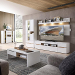 Elutoa 5-osaline valge super matt tamme v&auml;rvi komplekt koos Highboardi, vitriinkapi, seinapaneeli, Lowboardi, kohvilauda ja LED-valgustusega