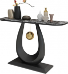 Schmaler Konsolentisch f&uuml;r den Eingangsbereich mit Rockboard-Platte und Eisengestell, elegantes schwarz-graues Design, abgerundete Kanten, geschwungene Seiten, goldene Akzente f&uuml;r Foyer/Flur