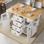 120 x 73 (45) x 93 cm, pikendatav k&ouml;&ouml;gik&auml;ru ratastega, r&auml;tikuhoidja, v&uuml;rtsiriiul, reguleeritavad riiulid, kaks ust, neli sahtlit, valge v&auml;rviga