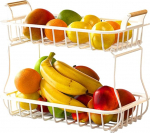 LEMCC puuviljakorv 2 tasandiga, puust k&auml;epidemega puu- ja k&ouml;&ouml;giviljade stend, metallist traat korv, puuviljakaussi, k&ouml;&ouml;giviljade hoidmine, organiseerija k&ouml;&ouml;gi t&ouml;&ouml;pinnale (valge)