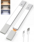 EZVALO Cabinet Lighting Wireless 38 cm, 2200 mAh Removable Battery, Under-Unit Light Kitchen LED 3 Colour Temperatures Dimmable, Cabinet Light with Motion Sensor for Wardrobe Stairs, Silver (Pack of 2