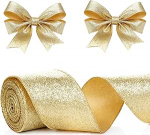 Gold Christmas Ribbon 6cm lai Gold Glitter Christmas Ribbon Wired Shiny Fabric Ribbons for Bows Gift Wrapping Christmas Wreath (Gold)