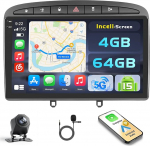 Hikity Android 15 4+64GB Autoradio f&uuml;r Peugeot 308 408 2007-2015 mit 9 Zoll Incell Touchscreen, Autoradio 2DIN mit Wireless Carplay Android Auto, FM/RDS Radio BT GPS WiFi R&uuml;ckfahrkamera + MIC