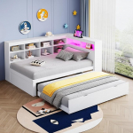 T&auml;ispuidust diivan 90 x 200 cm, v&auml;lja t&otilde;mmatava voodiga, USB pistikupesa ja LED-valgusega, riiulite ja hoiukappidega, palju panipaiku, multifunktsionaalne &uuml;heinimesevoodi, valge