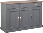 Dmora Buffet with 3 Doors and 3 Drawers in Grey Painted Solid Pine with Brown Top and Surfaces, 131 x 45 x 86 cm
