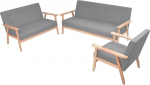 Retro-Sofa-Set mit Holzrahmen, bequemes 3-teiliges Sofa-Set in Hellgrau mit weichem Stoffbezug und Schaumstoffpolsterung f&uuml;r das Wohnzimmer, inklusive Sessel, 2-Sitzer und 3-Sitzer