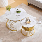 Couchtisch 2er Set rund 70x70x47 cm & 45x45x40 cm - Marmor Optik Hochglanz Wei&szlig;, Nesting Tische Goldener Rahmen, 30 kg Tragf&auml;higkeit