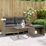 3-TLG. Garten-Sofagarnitur mit Kissen Grau Poly Rattan, Garten Sofa Set mit Glas Tisch und abnehmbaren Kissen