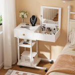 Ulifance Movable Dressing Table for Small Spaces, Dressing Table with Mirror with Drawers and Shelves, Makeup Vanity Computer Desk for Bedroom