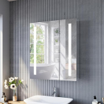 SONNI Vannitoa peegelkapp koos valgustusega, 60 cm lai, roostevabast terasest vannituba koos pistikupesaga, puutetundliku l&uuml;litiga ja juhtmevaba hingedega disainiga