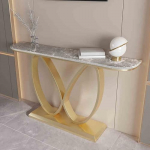 Eleganter, moderner Konsolentisch - schmaler Flurtisch mit schmetterlingsf&ouml;rmigem Metallgestell und edler Steinplatte f&uuml;r Eingangsbereich oder Wohnzimmer - stilvolle Goldoptik (80 cm/31,5 Zo