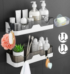 EigPluy Pack of 2 Bathroom Shelves, No Drilling Bathroom Shelves, Shower Shelf, Plastic Shower Baskets, Wall Mounted for Kitchens and Bathrooms (with 1 Soap Dishes and 4 Hooks)