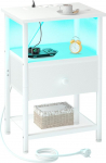 AMHANCIBLE Bedside Table with Charging Function and LED Lights, Side Table with Fabric Drawers, 3-Tier Sofa Table with Open Shelf, Wooden Bedside Cabinet for Bedroom, Living Room, White EHETS01WT-1