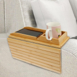 Bamboo Sofa Armrest Tray 2-in-1 Design Removable Sofa Tray with Non-Slip Underlay Armrests Tray Bamboo Sofa Tray for Drinks Cups Snacks Remote Control (Wood Colour)